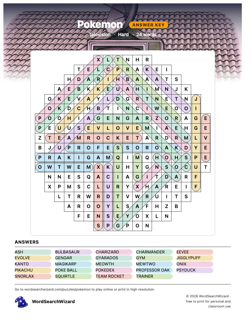 Pokemon word search answer key, all 24 words marked