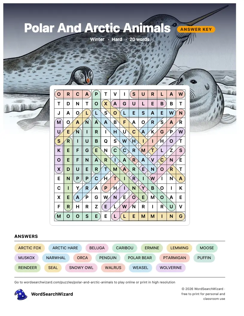 Polar And Arctic Animals word search answer key, all 20 words marked