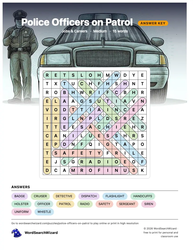 Police Officers on Patrol word search answer key, all 15 words marked