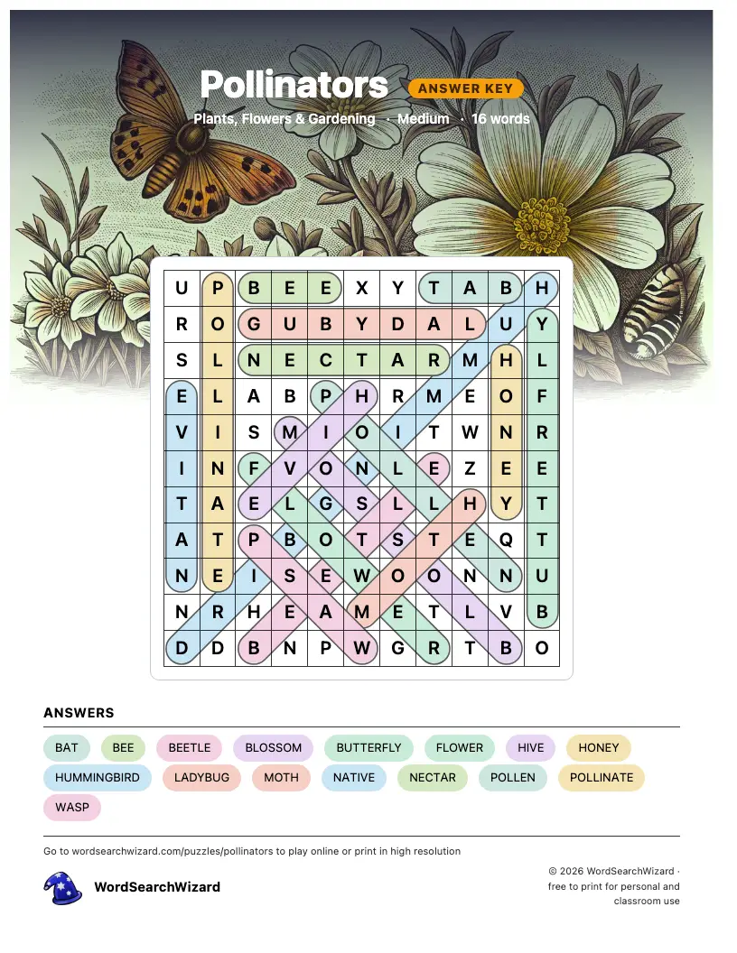 Pollinators word search answer key, all 16 words marked