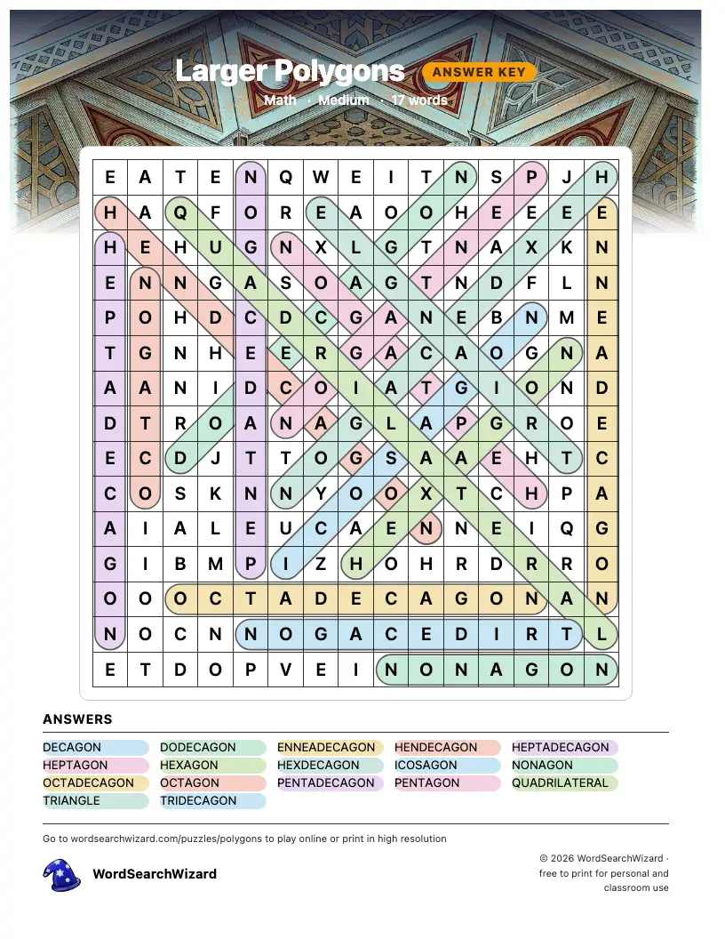 Larger Polygons word search answer key, all 17 words marked
