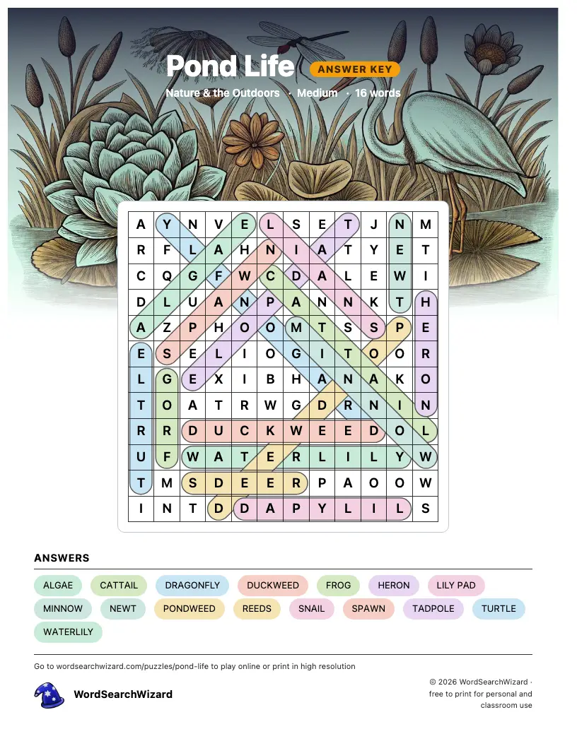 Pond Life word search answer key, all 16 words marked