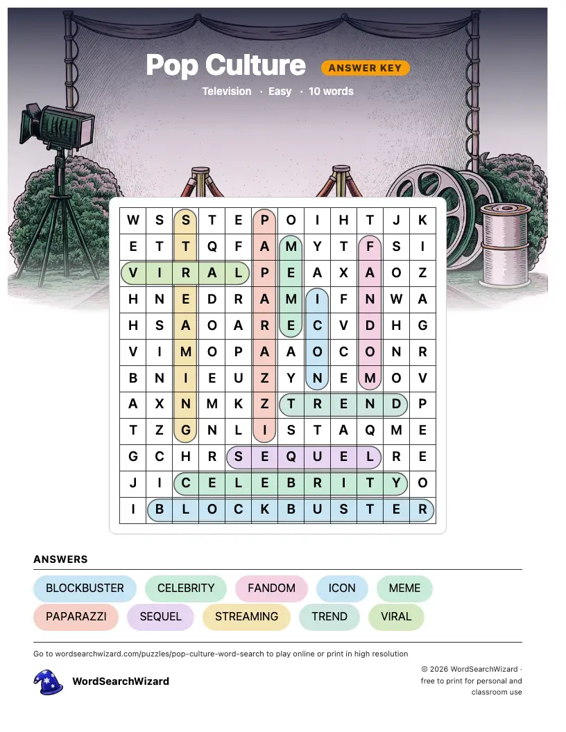 Pop Culture word search answer key, all 10 words marked