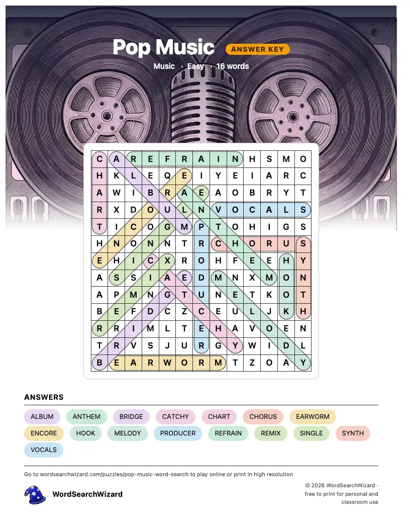 Pop Music word search answer key, all 16 words marked