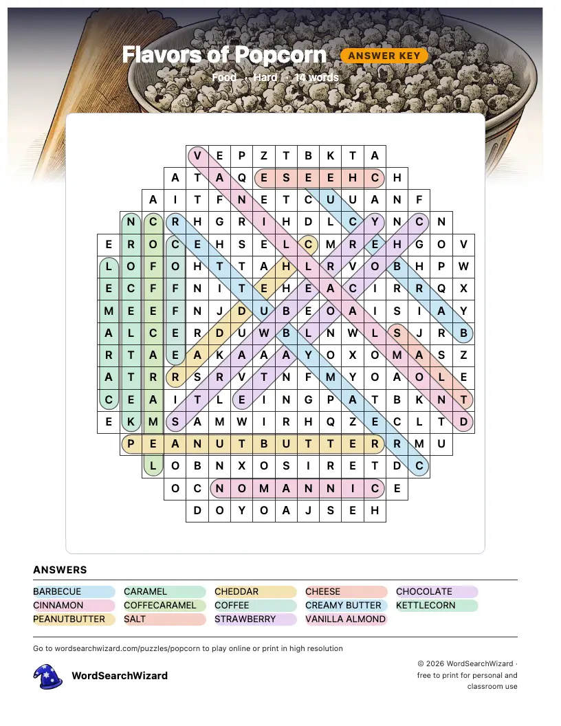 Flavors of Popcorn word search answer key, all 14 words marked