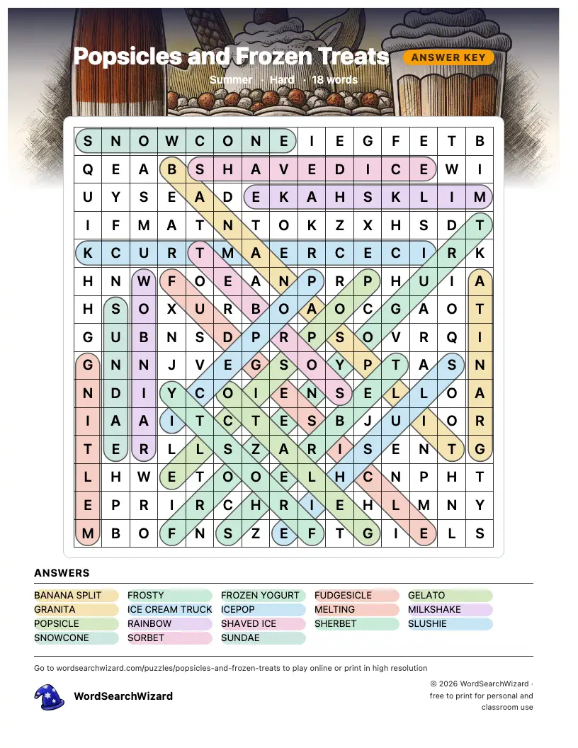 Popsicles and Frozen Treats word search answer key, all 18 words marked