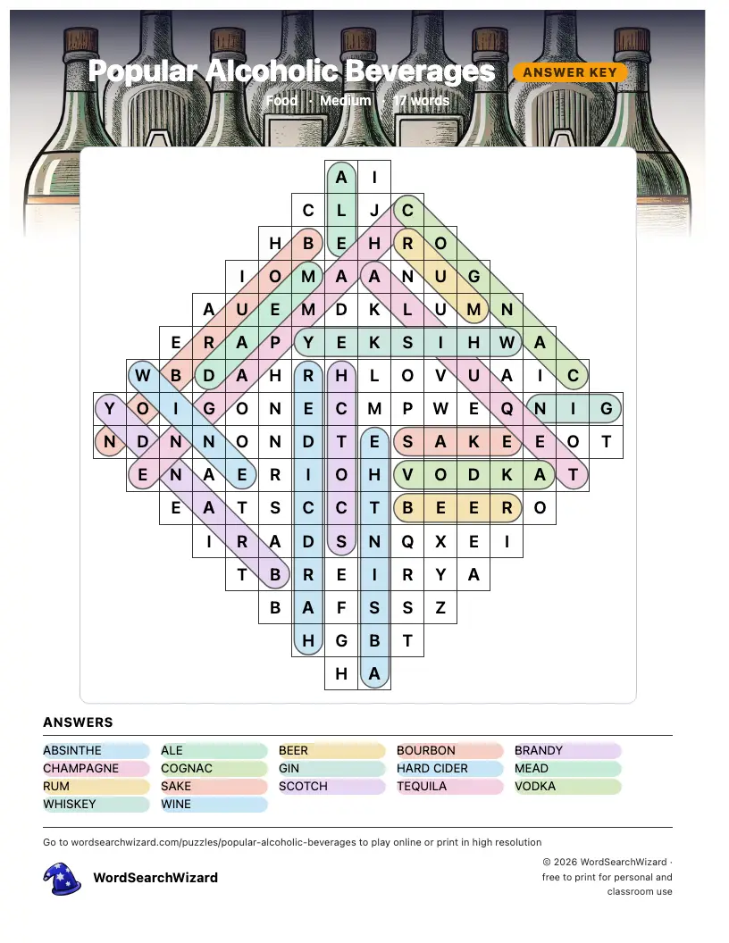 Popular Alcoholic Beverages word search answer key, all 17 words marked