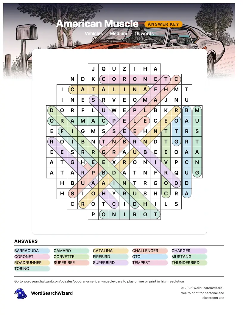 American Muscle word search answer key, all 16 words marked