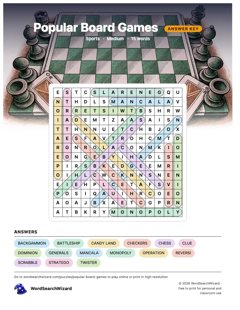 Popular Board Games word search answer key, all 15 words marked