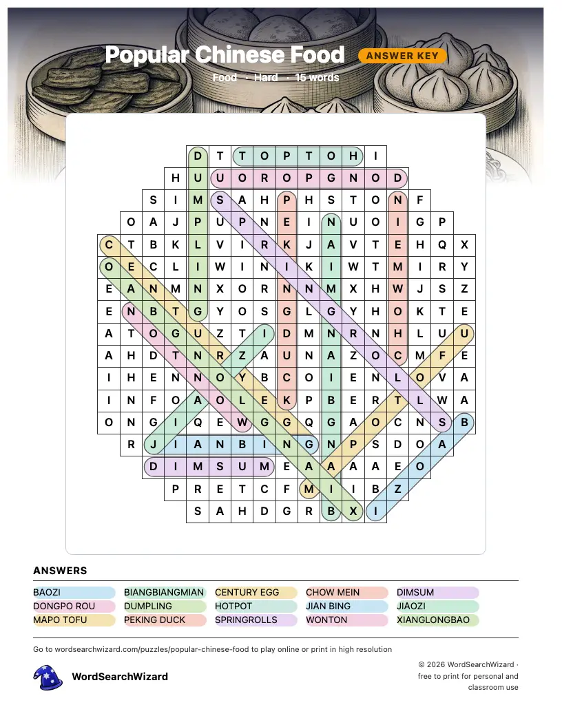 Popular Chinese Food word search answer key, all 15 words marked