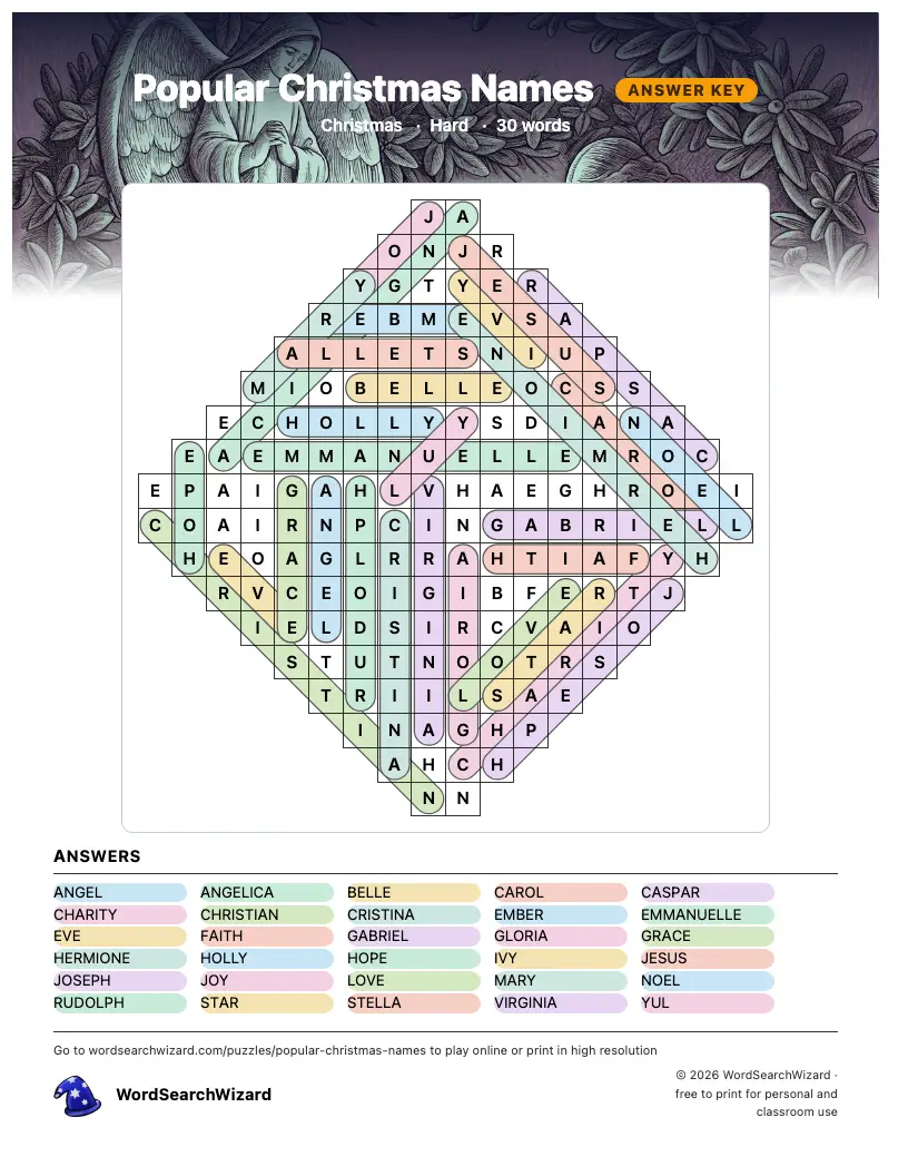 Popular Christmas Names word search answer key, all 30 words marked