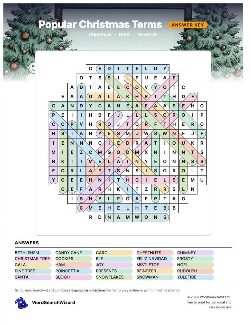 Popular Christmas Terms word search answer key, all 25 words marked