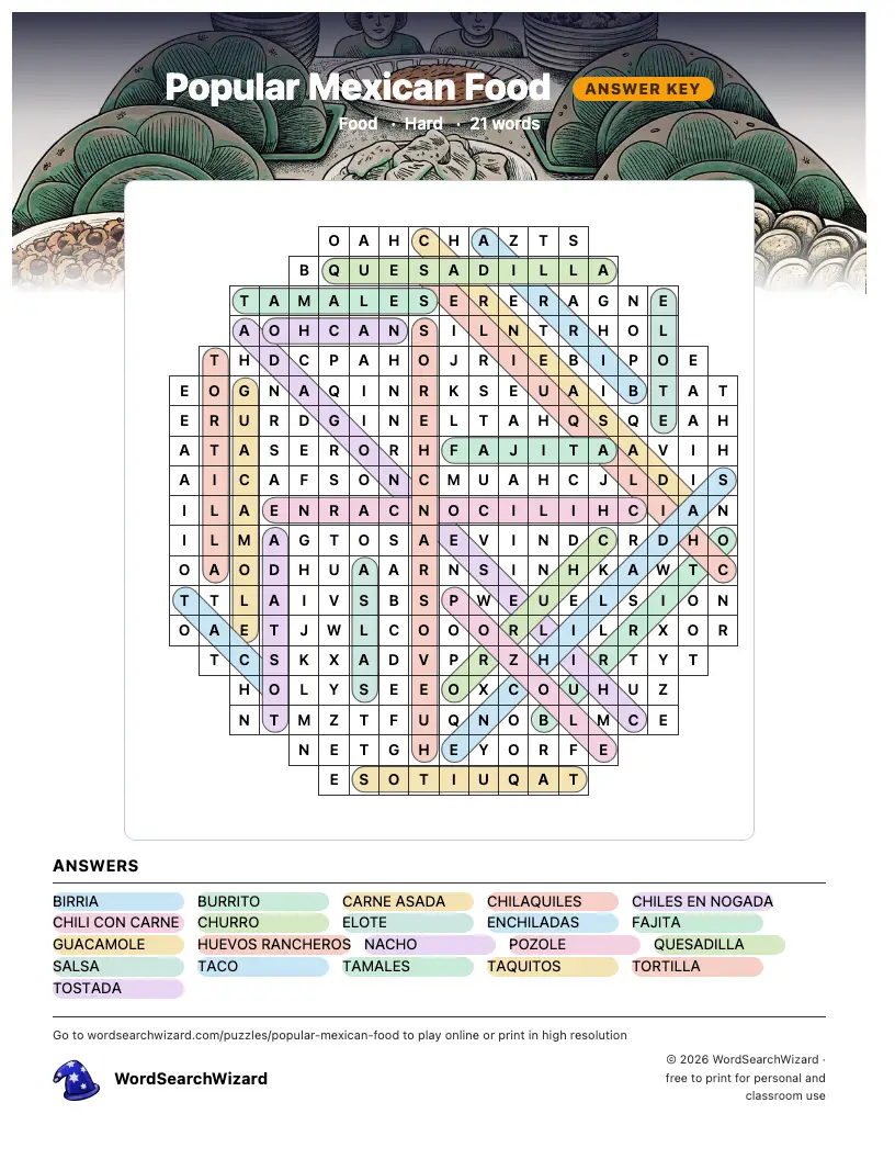 Popular Mexican Food word search answer key, all 21 words marked