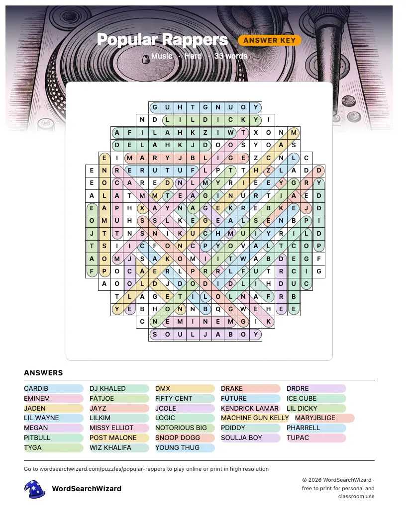 Popular Rappers word search answer key, all 33 words marked