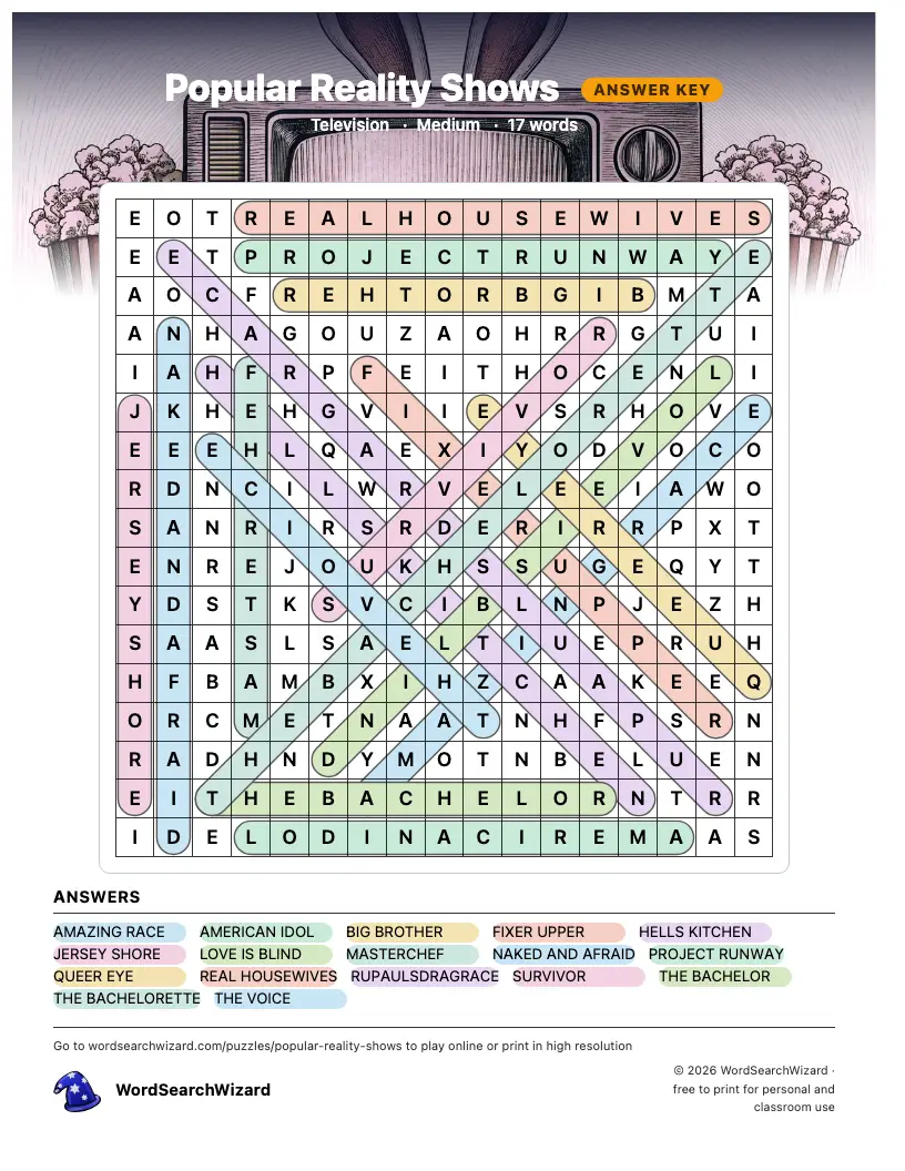 Popular Reality Shows word search answer key, all 17 words marked