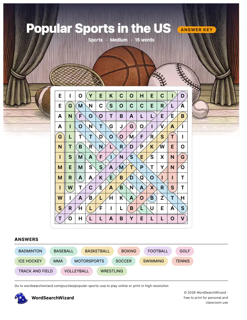 Popular Sports in the US word search answer key, all 15 words marked