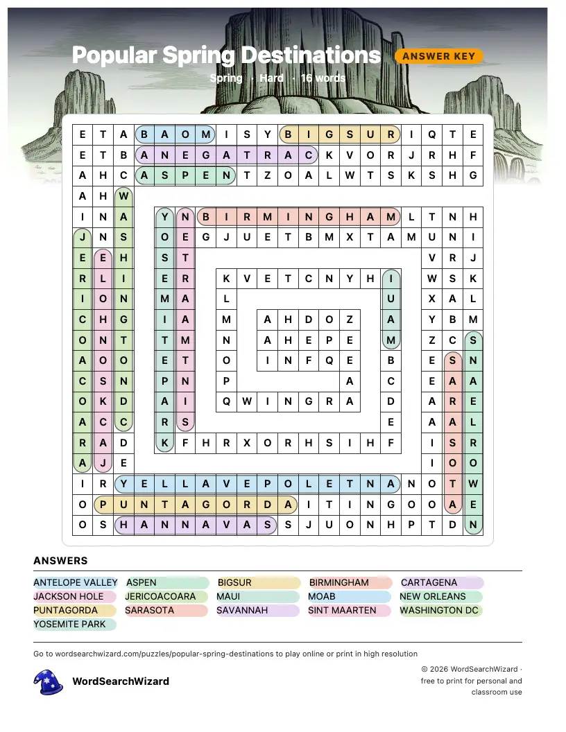 Popular Spring Destinations word search answer key, all 16 words marked