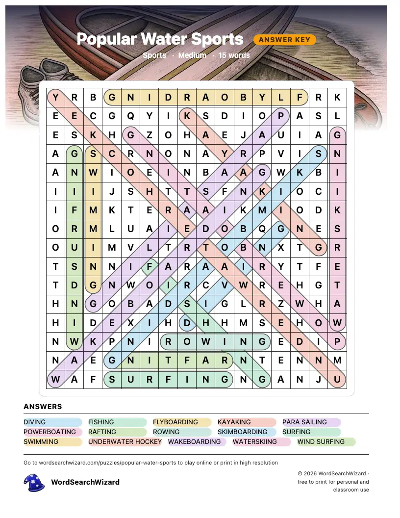 Popular Water Sports word search answer key, all 15 words marked