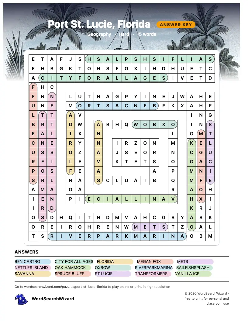 Port St. Lucie, Florida word search answer key, all 15 words marked