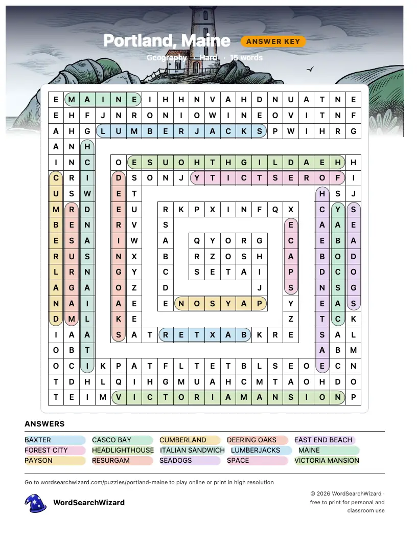 Portland, Maine word search answer key, all 15 words marked