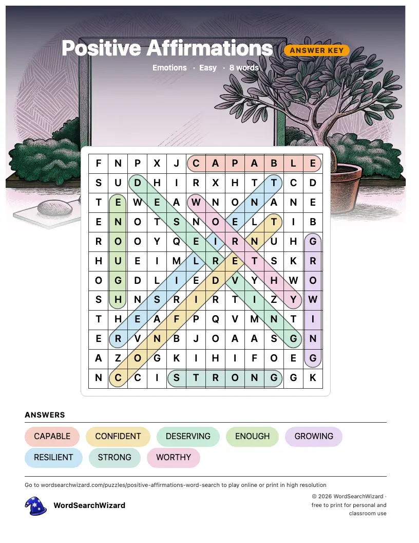 Positive Affirmations word search answer key, all 8 words marked