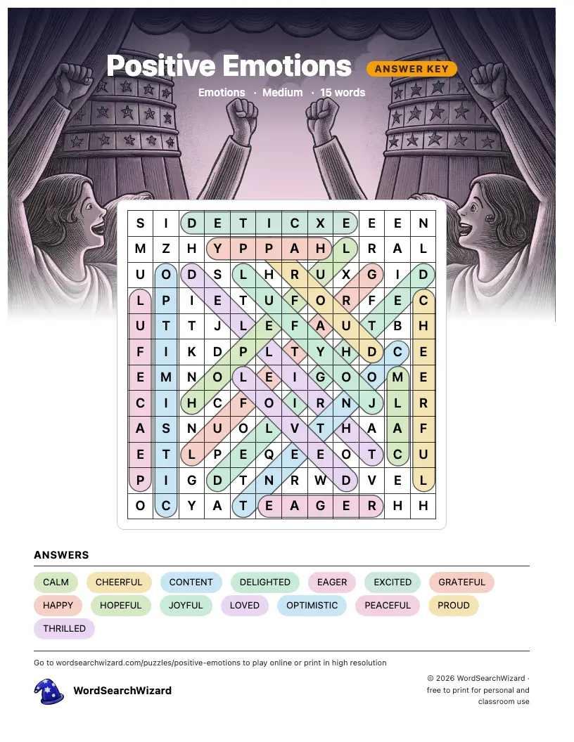 Positive Emotions word search answer key, all 15 words marked
