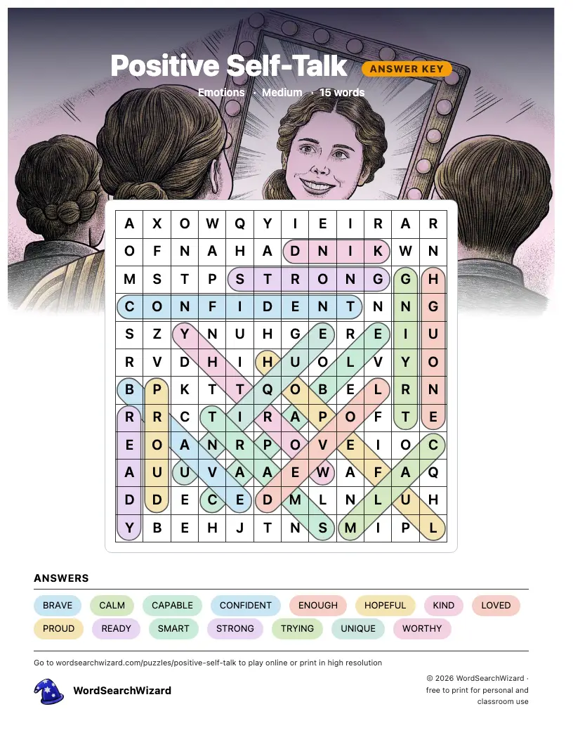 Positive Self-Talk word search answer key, all 15 words marked