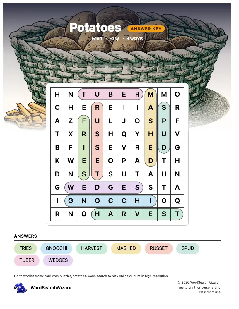 Potatoes word search answer key, all 8 words marked