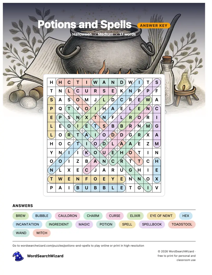 Potions and Spells word search answer key, all 17 words marked