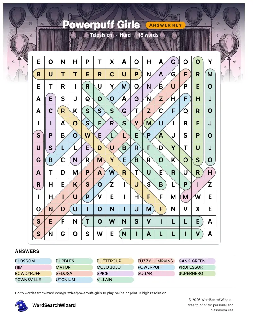 Powerpuff Girls word search answer key, all 18 words marked