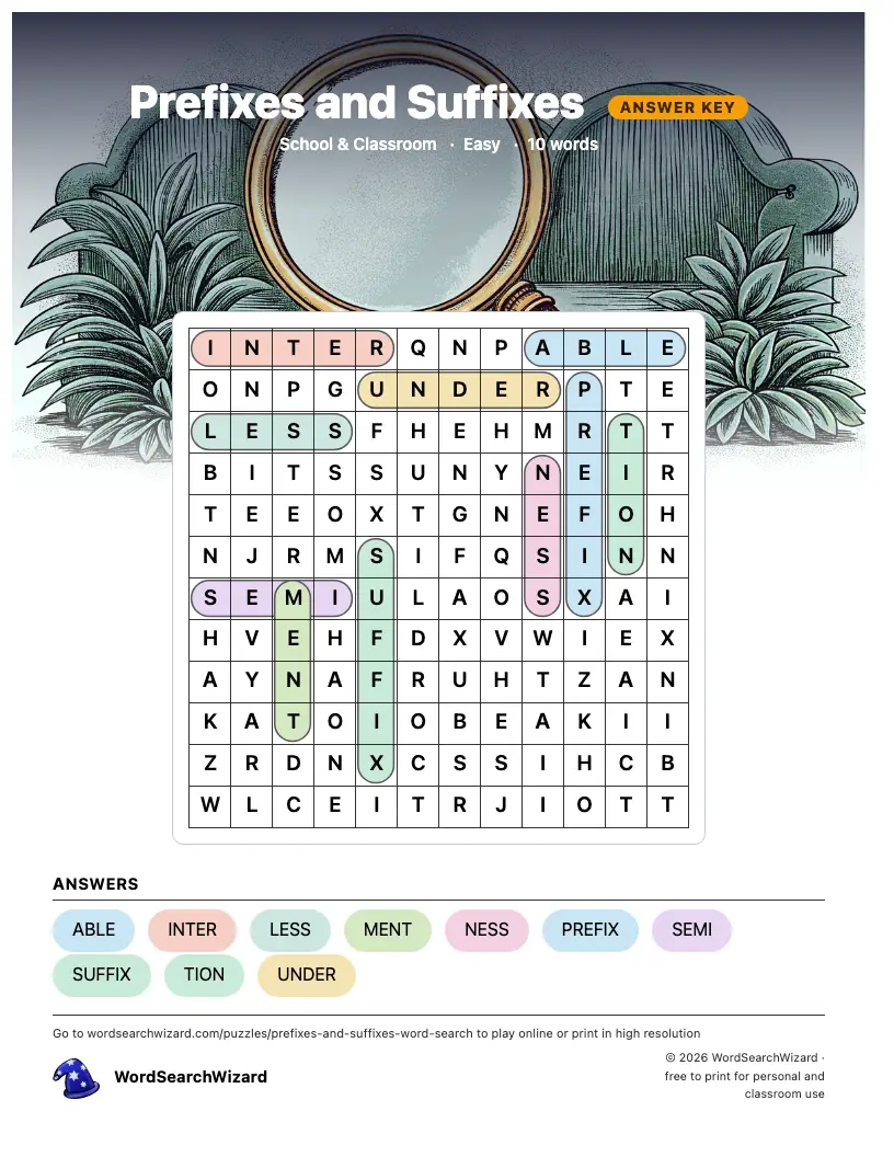 Prefixes and Suffixes word search answer key, all 10 words marked