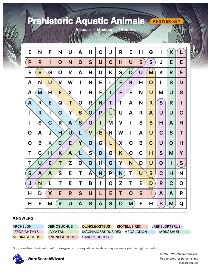 Prehistoric Aquatic Animals word search answer key, all 13 words marked