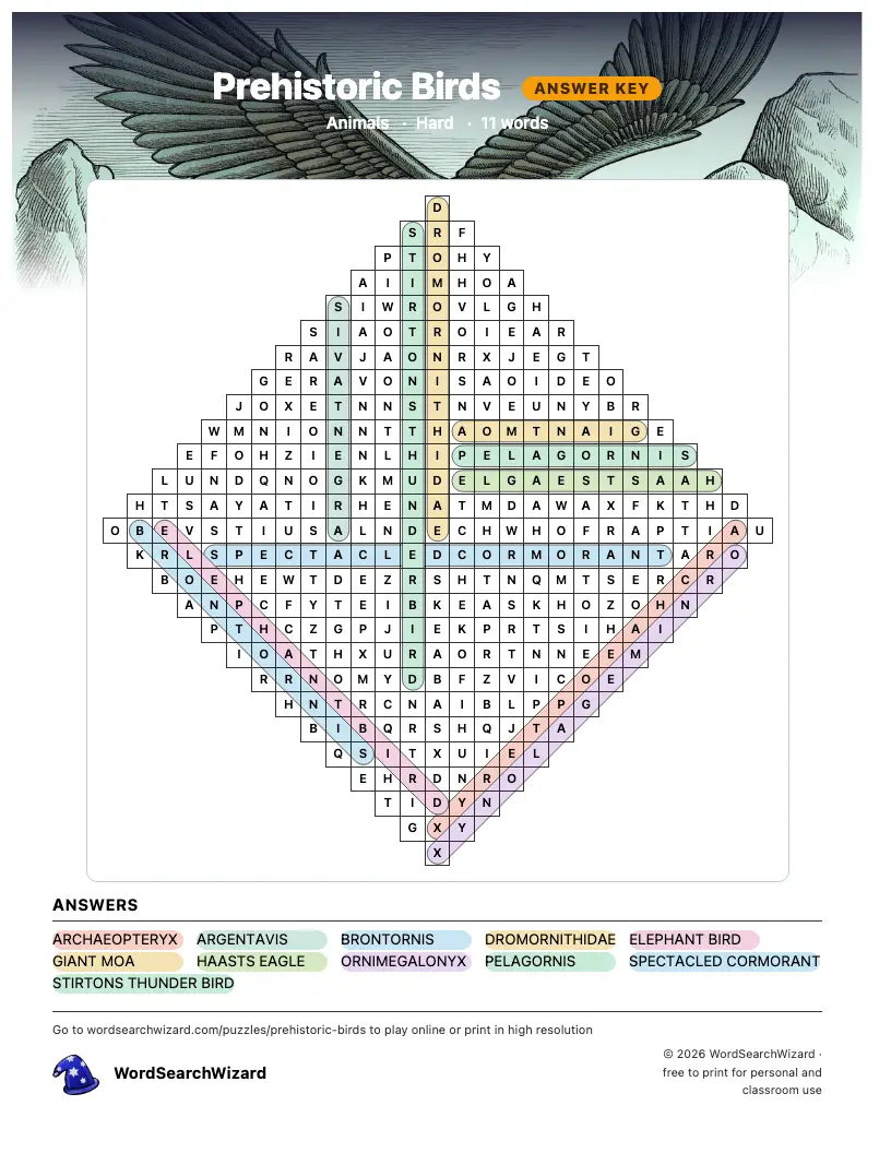 Prehistoric Birds word search answer key, all 11 words marked