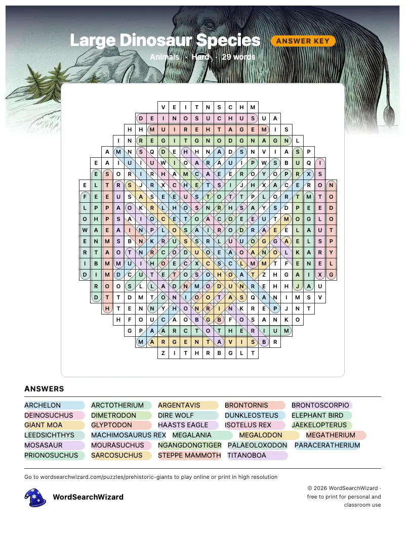 Large Dinosaur Species word search answer key, all 29 words marked