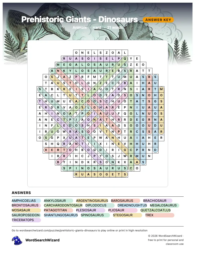 Prehistoric Giants - Dinosaurs word search answer key, all 21 words marked