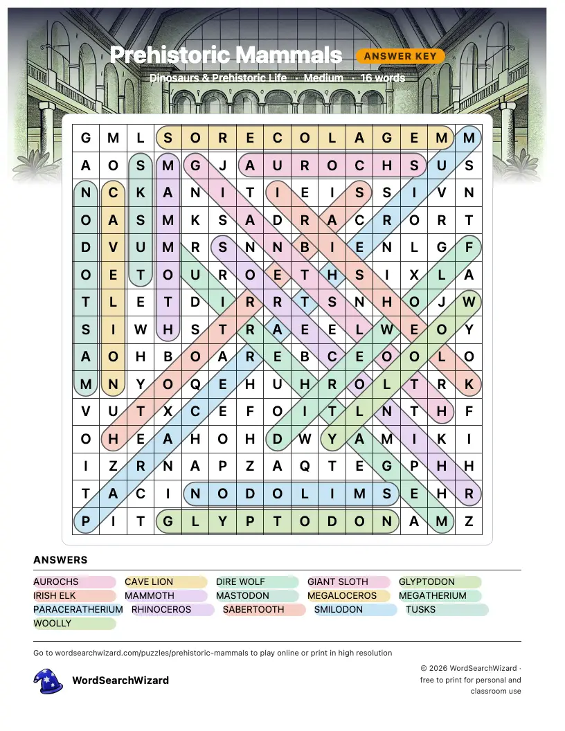 Prehistoric Mammals word search answer key, all 16 words marked