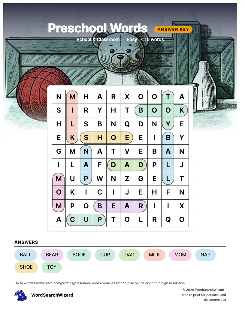 Preschool Words word search answer key, all 10 words marked