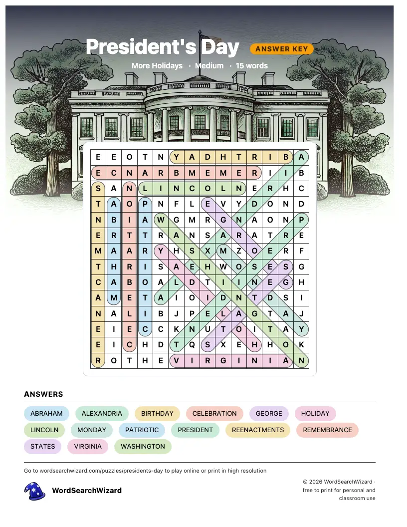 President's Day word search answer key, all 15 words marked