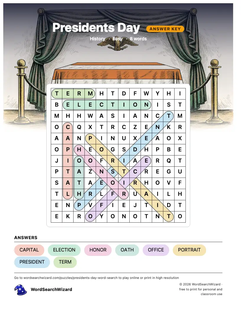 Presidents Day word search answer key, all 8 words marked