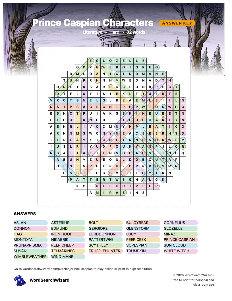 Prince Caspian Characters word search answer key, all 32 words marked