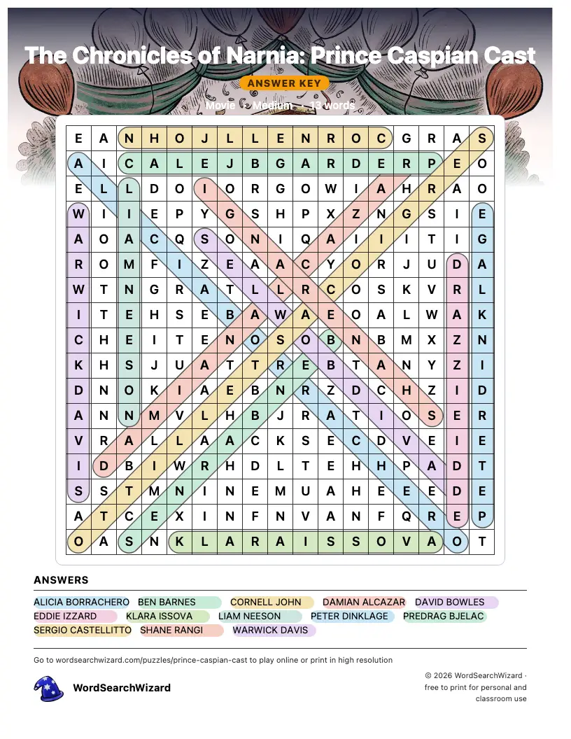 The Chronicles of Narnia: Prince Caspian Cast word search answer key, all 13 words marked
