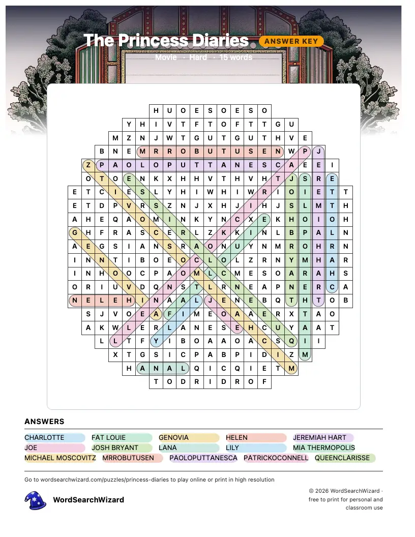The Princess Diaries word search answer key, all 15 words marked