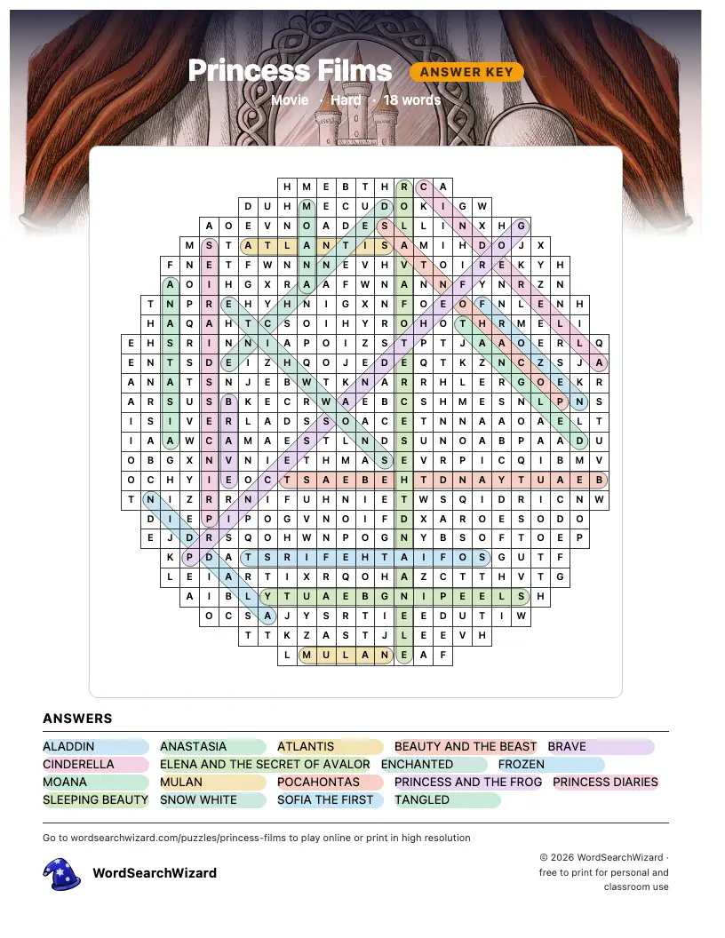 Princess Films word search answer key, all 18 words marked