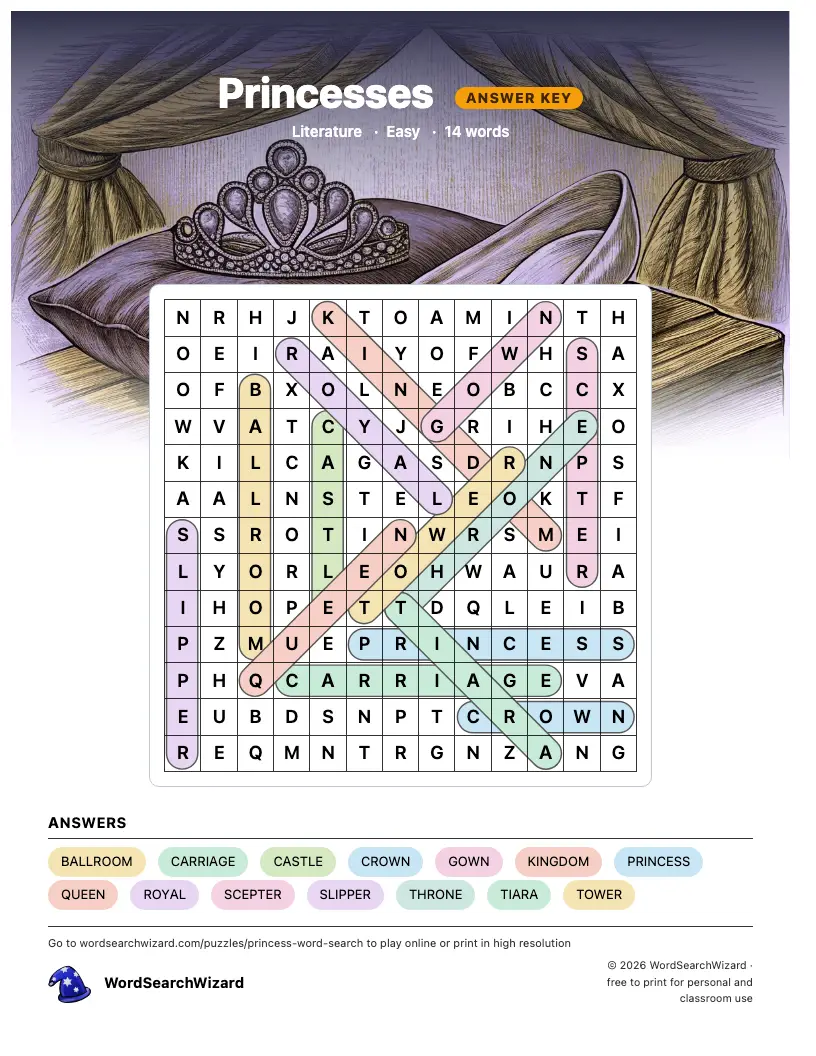 Princesses word search answer key, all 14 words marked
