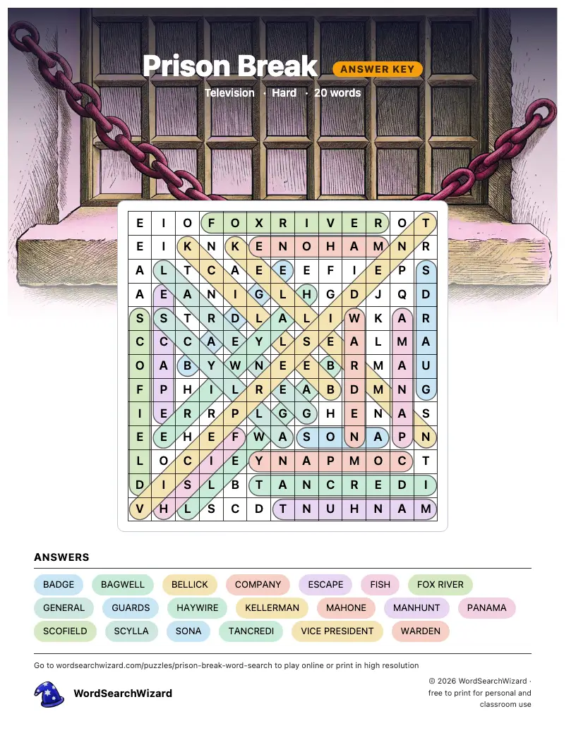 Prison Break word search answer key, all 20 words marked