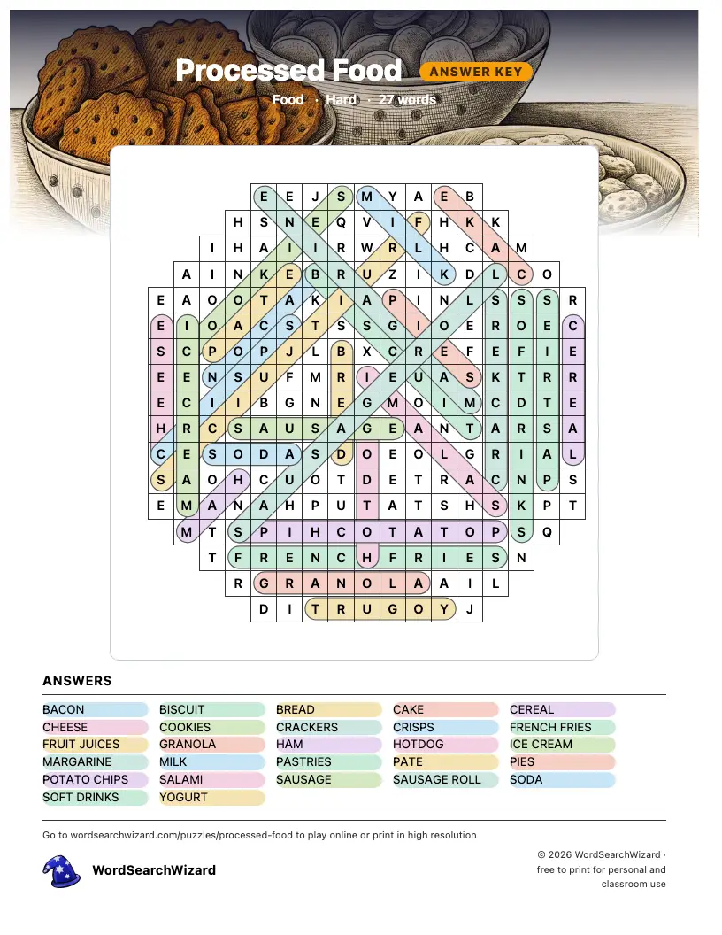 Processed Food word search answer key, all 27 words marked