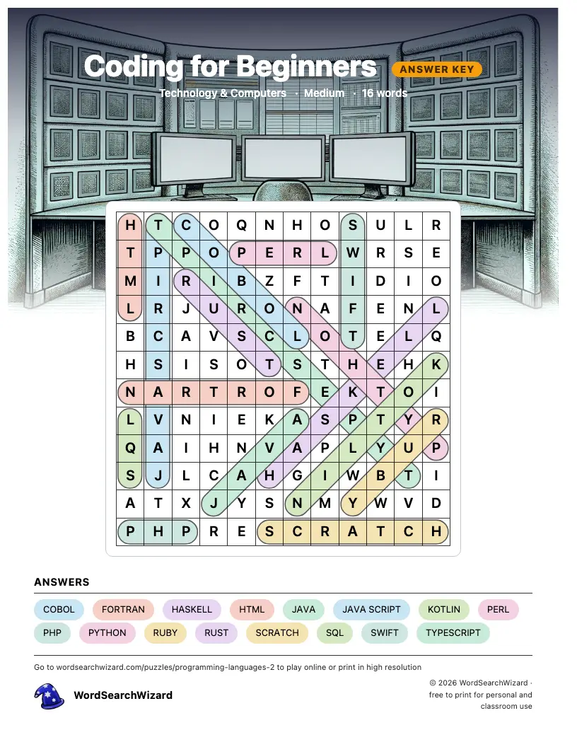 Coding for Beginners word search answer key, all 16 words marked