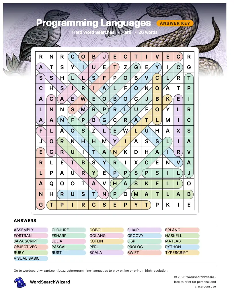 Programming Languages word search answer key, all 26 words marked