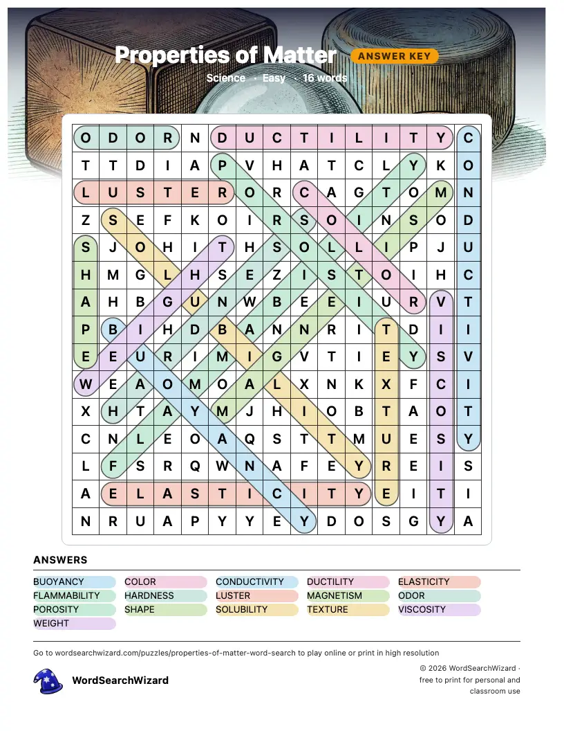 Properties of Matter word search answer key, all 16 words marked
