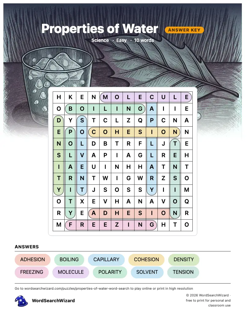 Properties of Water word search answer key, all 10 words marked